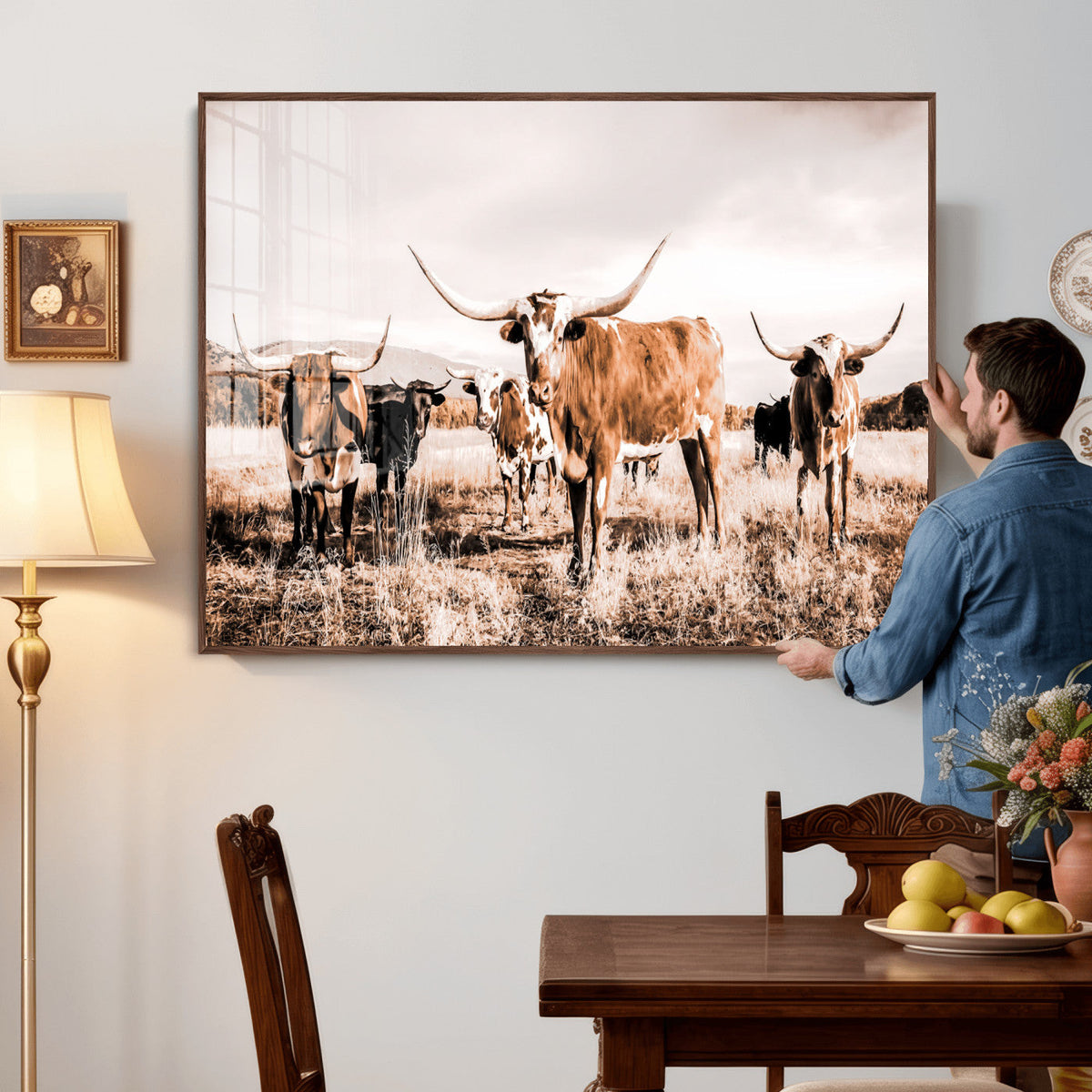 Texas Longhorn Cattle Wall Art Canvas Print, Sepia Western