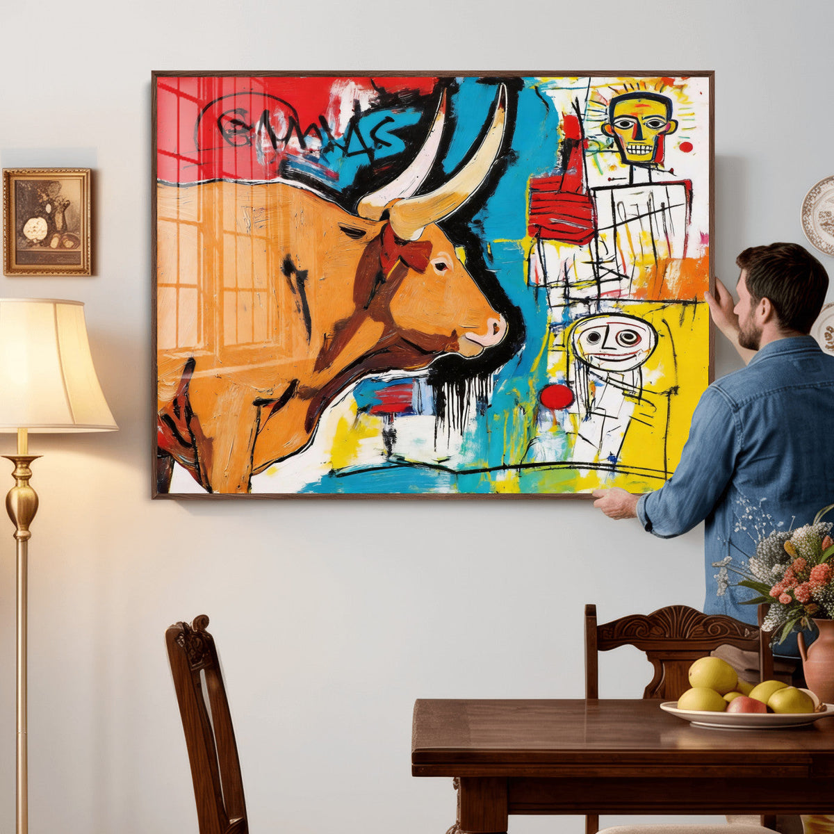 Basquiat Style Bull Graffiti Wall Art Canvas Print, Street