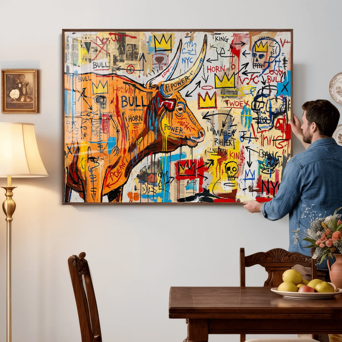 Basquiat Style Bull Graffiti Wall Art Canvas Print, Street