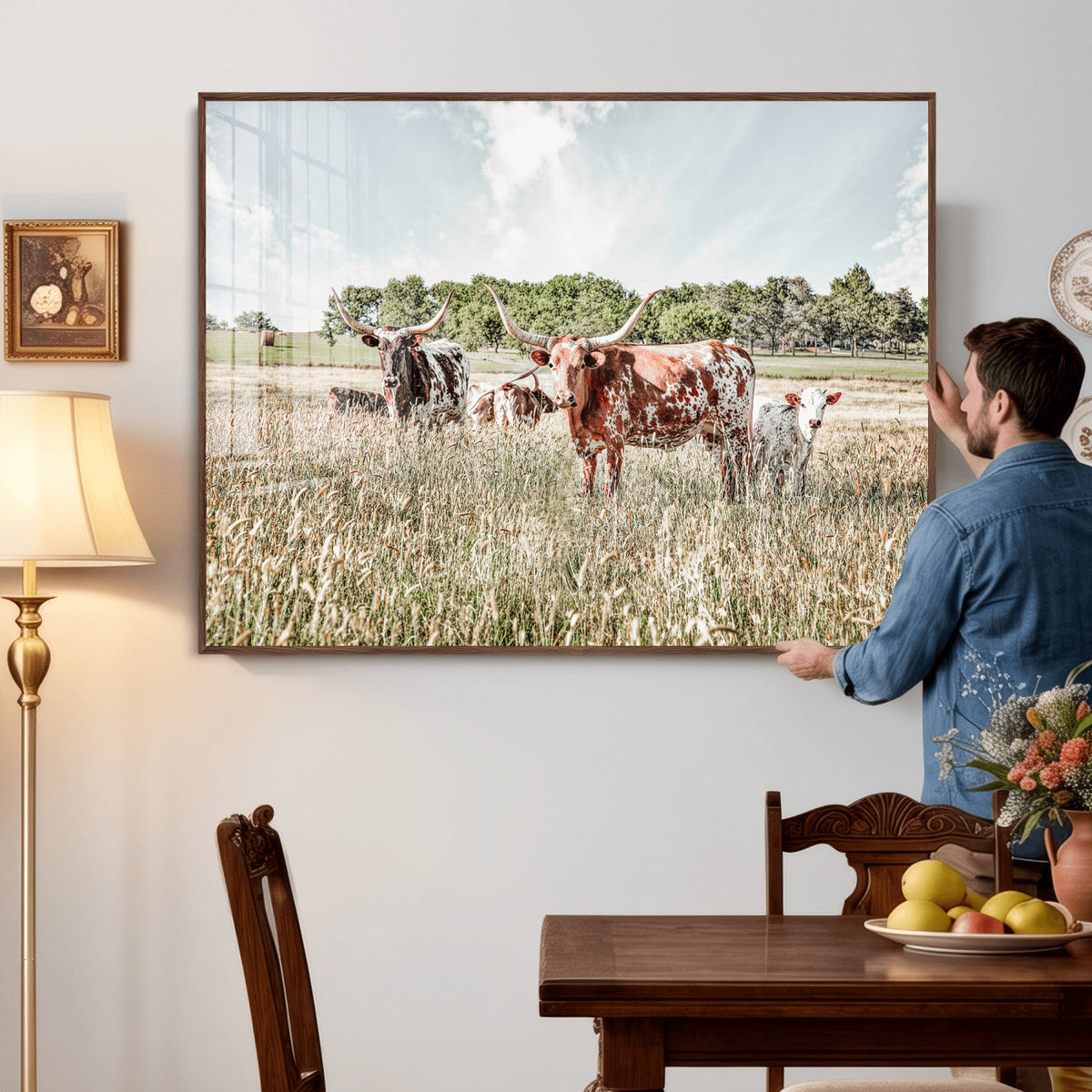 Texas Longhorn Cattle Wall Art Canvas Print, Rustic Ranch