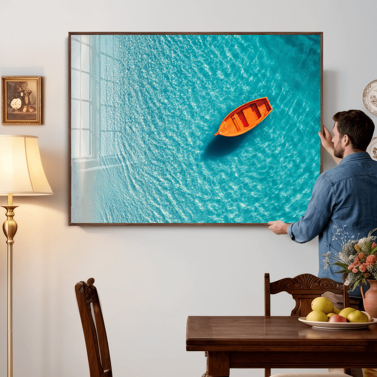 Minimalist Boat Wall Art Canvas Print, Aerial Sea Landscape