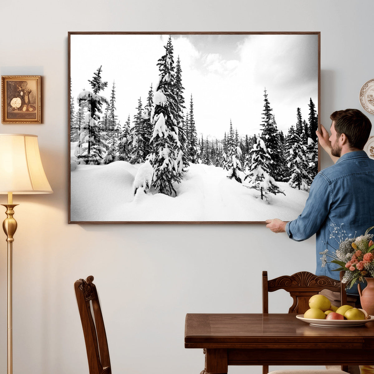Black and White Snowy Pine Forest Wall Art Canvas Print,