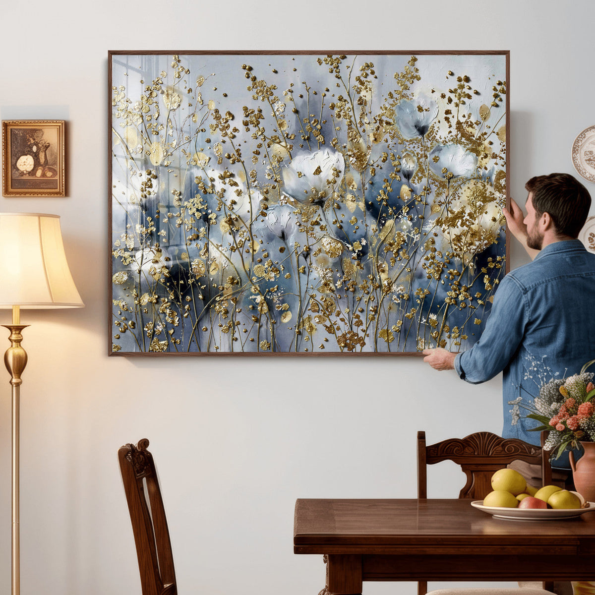 Abstract Floral Wall Art Canvas Print – Gold and Blue