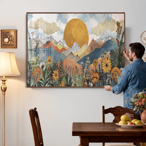Boho Mountain Landscape Large Wall Art, Horizontal Gold