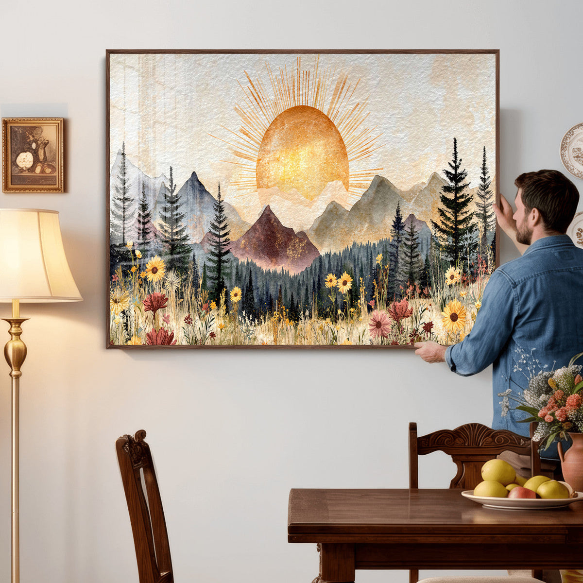 Boho Mountain Landscape Large Wall Art, Horizontal Gold