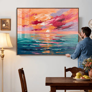 Bold Palette Knife Ocean Sunset Canvas — Orange Pink Teal