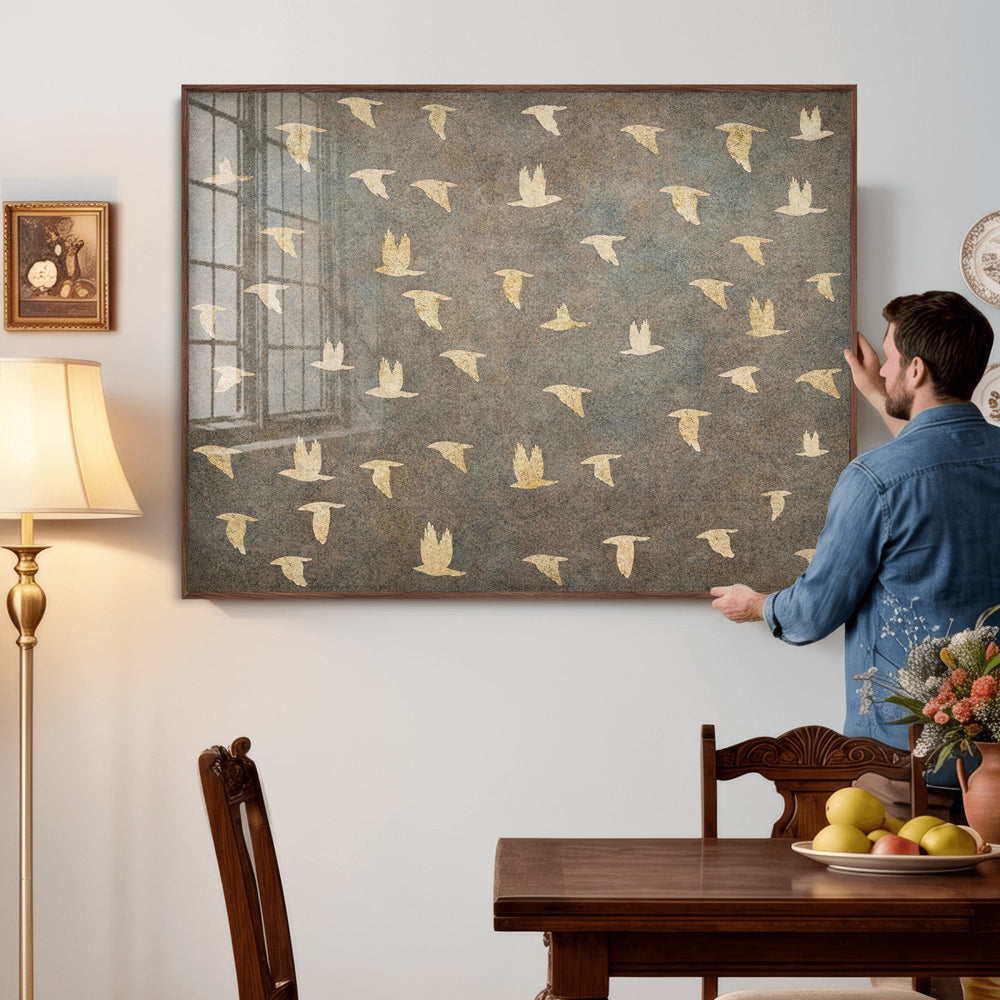 Flying Birds Canvas Wall Art, Vintage Bird Flock Pattern