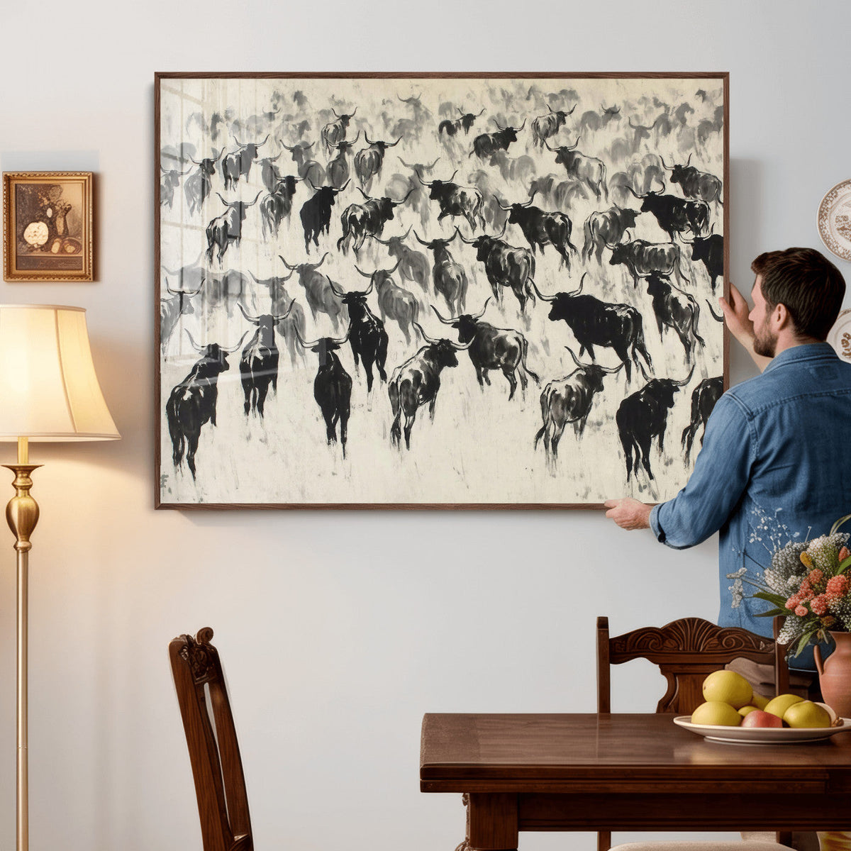 Longhorn Cattle Canvas Wall Art, Black White Stampede Ink