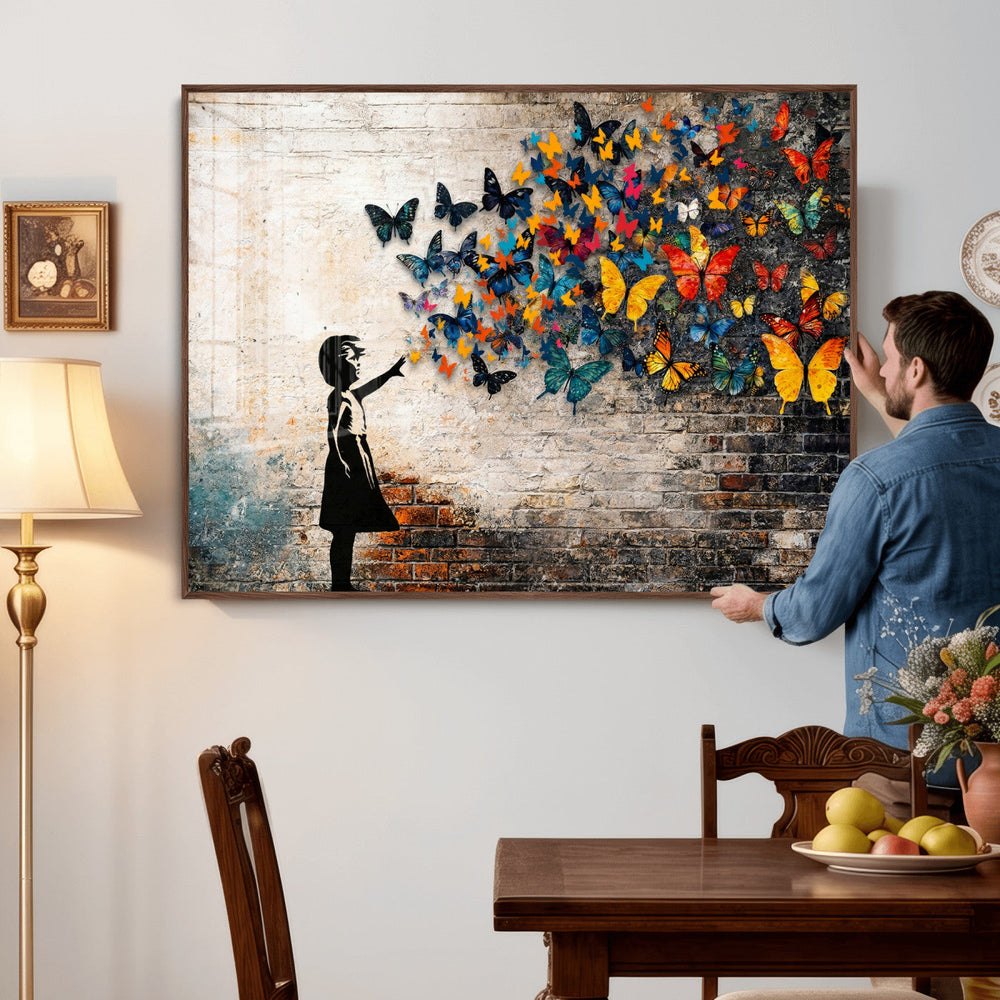 Banksy Graffiti Butterfly Girl Wall Art Canvas Print, Framed