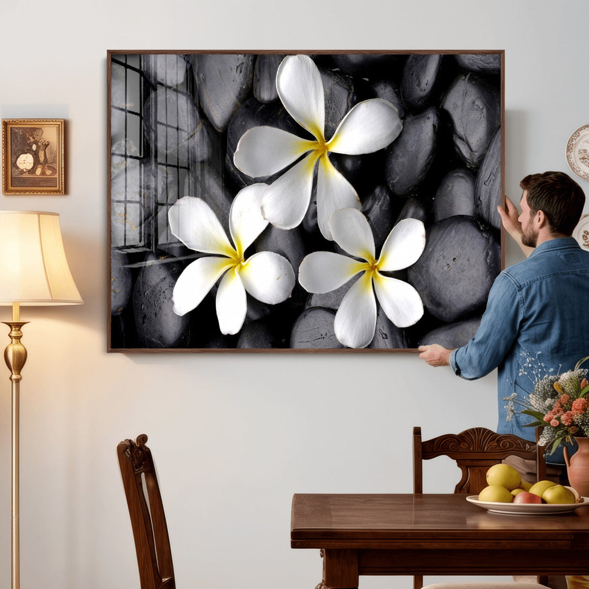 Plumeria Frangipani Black Stone Canvas | White Flower Spa