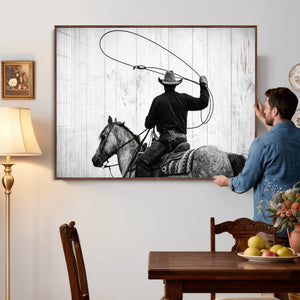 Cowboy Lasso Canvas Wall Art, Black White Western Horse