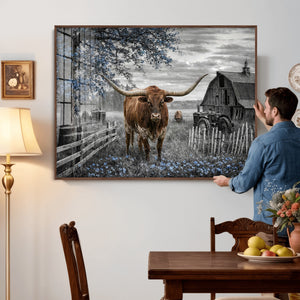 Texas Longhorn Canvas Wall Art, Rustic Farm Barn Bluebonnet