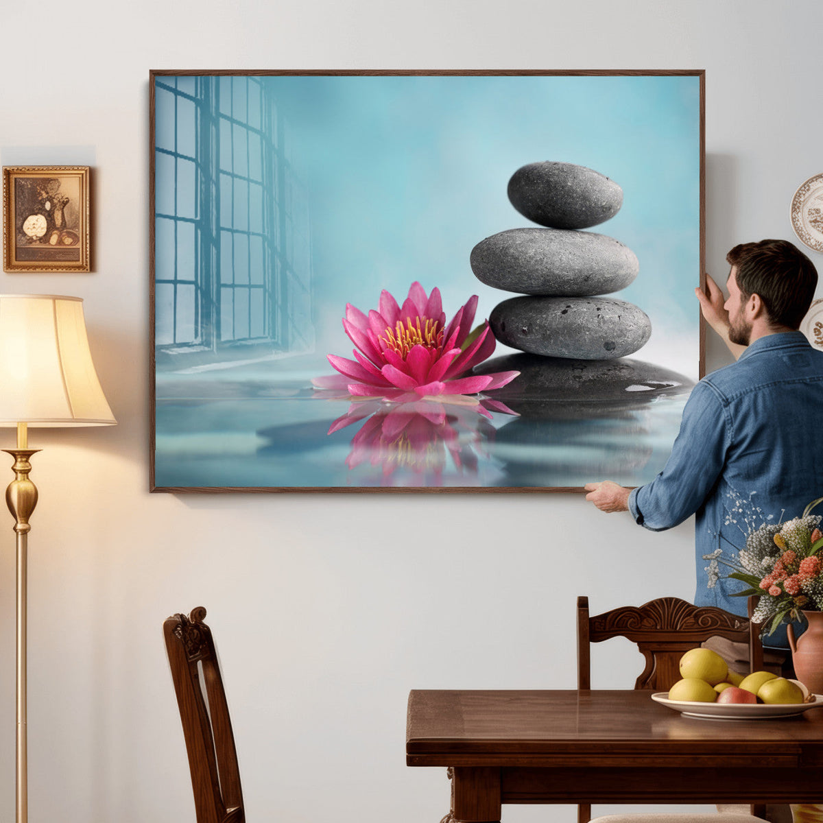 Zen Canvas Wall Art Lotus Flower Stacked Stones Teal Spa
