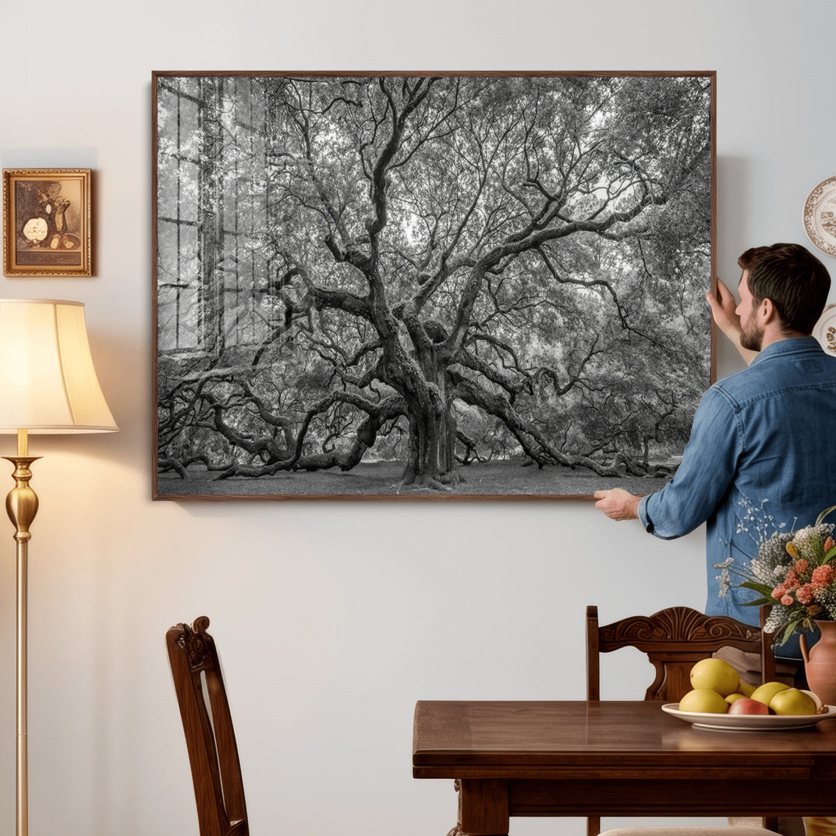 Majestic Angel Oak Tree Black and White Canvas Print – Multi
