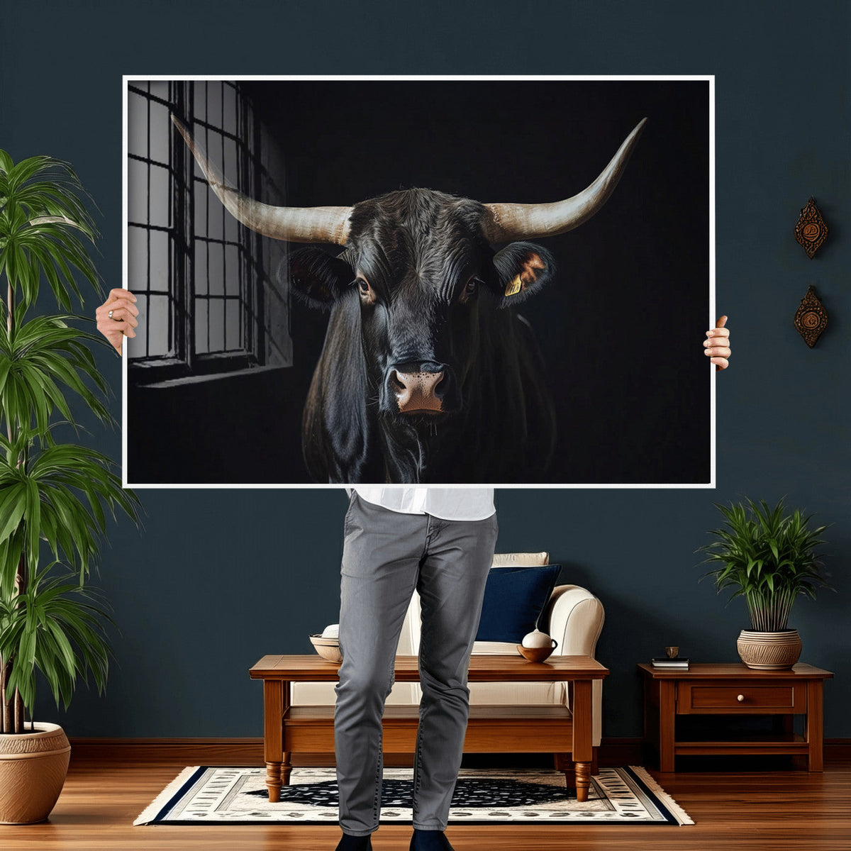 Majestic Longhorn Bull Wall Art Canvas Print – Dark