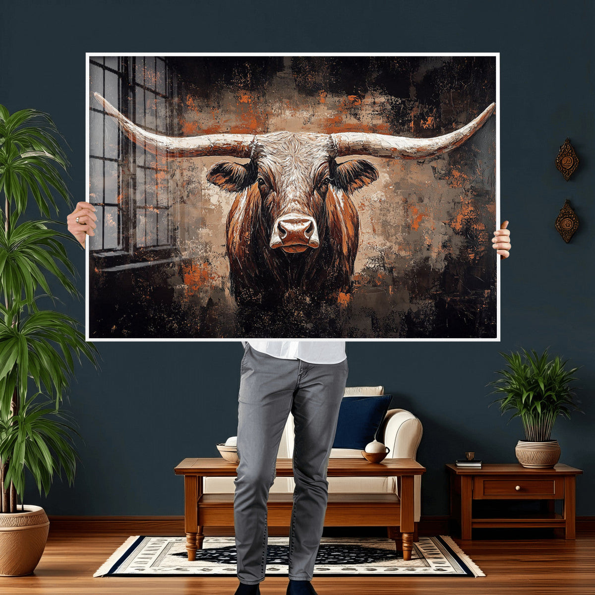 Abstract Longhorn Wall Art Canvas Print – Vintage Western