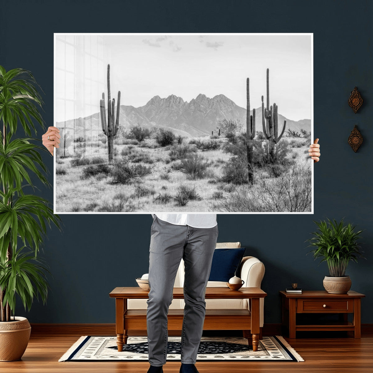 Black White Arizona Desert Canvas Wall Art Cactus Farmhouse