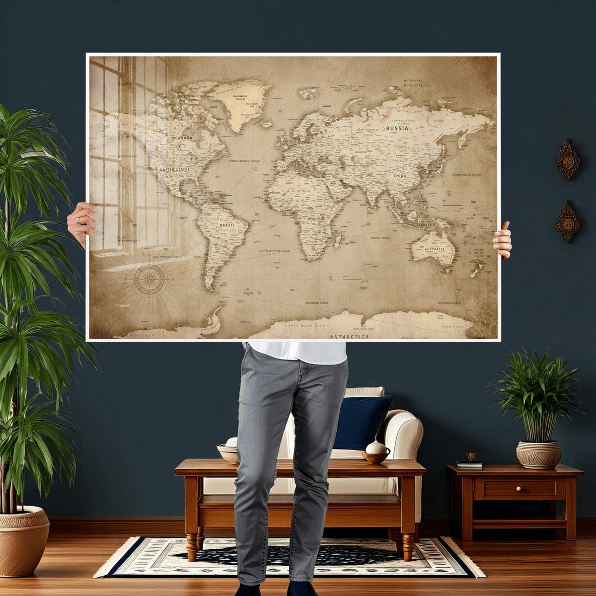 Colorful Watercolor World Map Canvas Wall Art – Framed