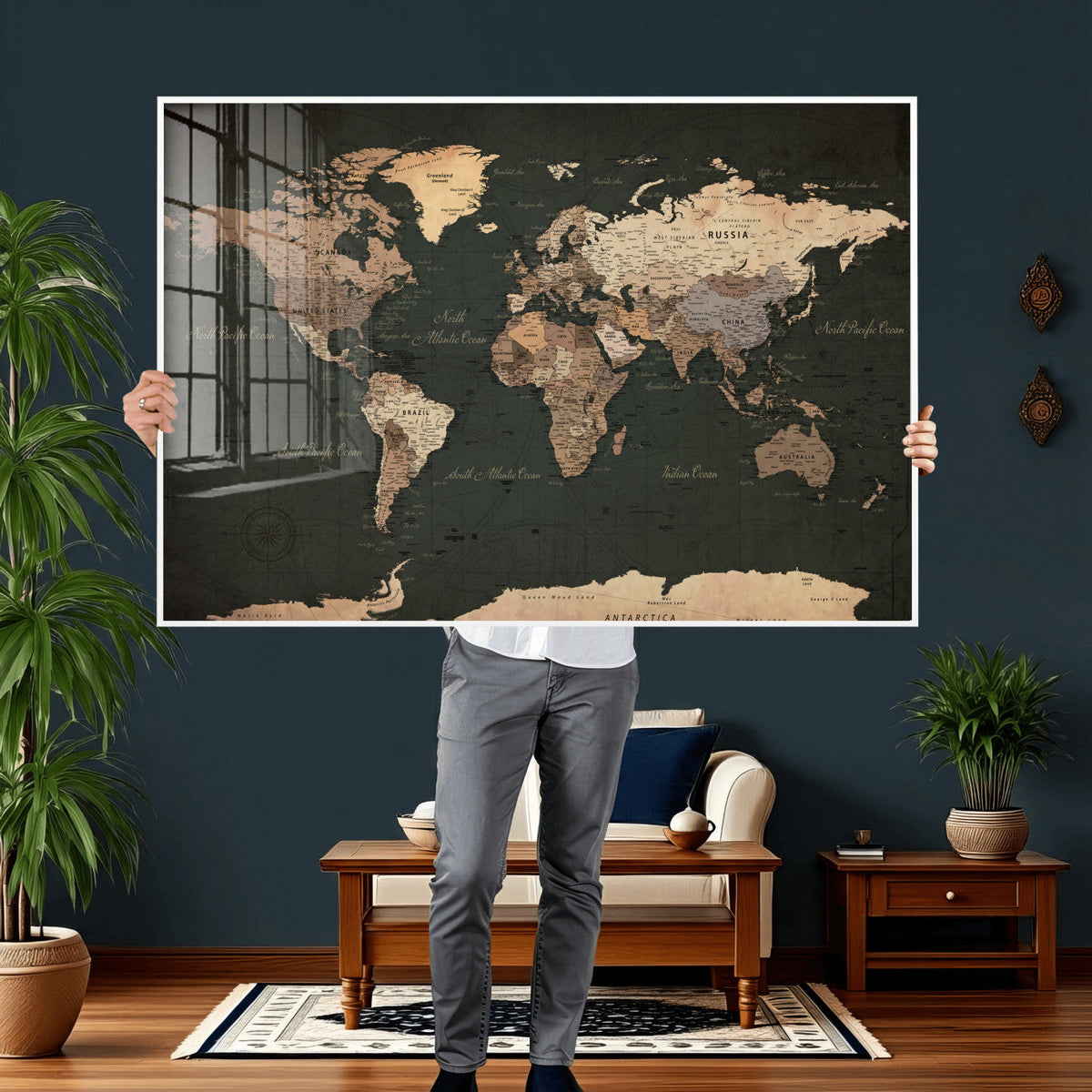 Vintage World Map Canvas Wall Art – Framed Travel Map for