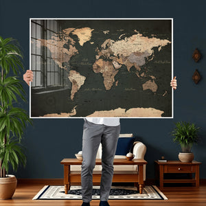 Vintage World Map Canvas Wall Art – Framed Travel Map for