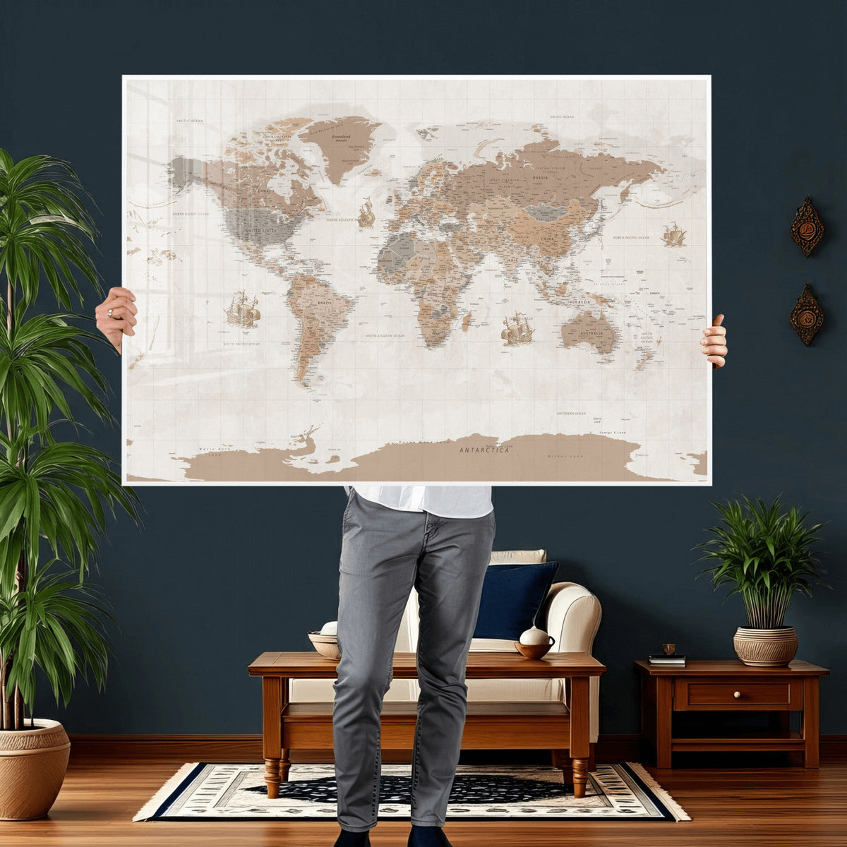 Framed Large World Map Canvas Print for Office Decor