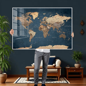 Navy Blue World Map Canvas Print – Framed Travel Map Wall