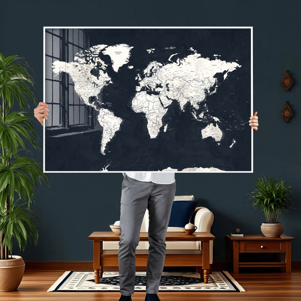 Black World Map Wall Art Canvas Print for Home Office and