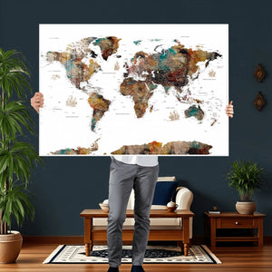 Watercolor World Map Canvas Print – Detailed Map of the