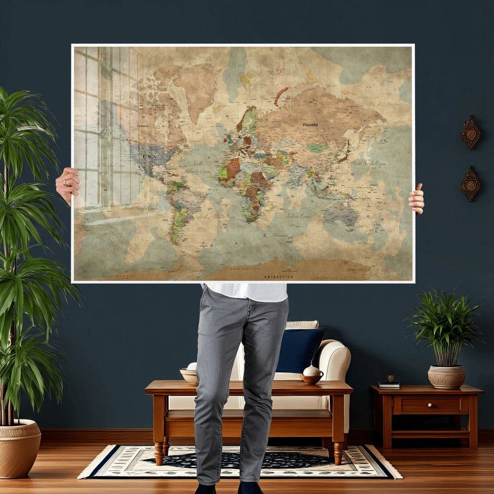 World Map Wall Art Canvas Print, Rustic Map Print, Framed