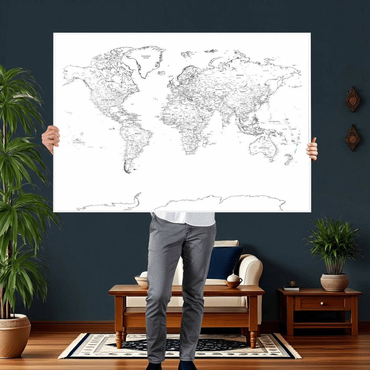 World Map Canvas Print – Framed Modern Detailed Map of the