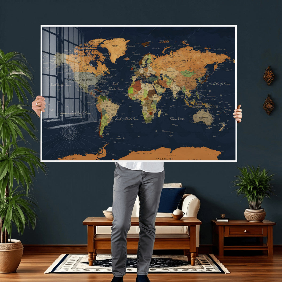Modern World Map Canvas Print – Framed Detailed Map of the