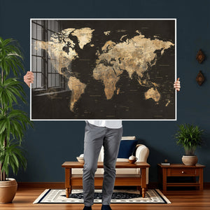Framed World Map with Pin Canvas Print – Detailed World Map