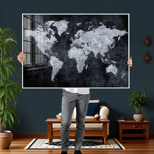 Black World Map Canvas Print – Detailed Map for Couples and