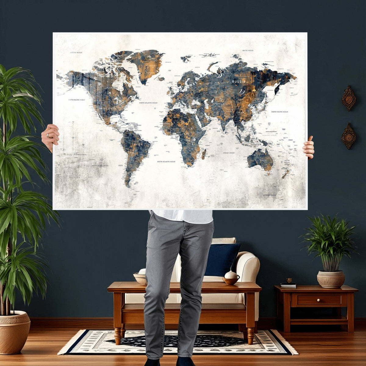World Map Wall Art Canvas Print for Office Wall Decor