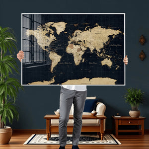 Dark World Map Canvas Wall Art Print, Minimal Black and Gold
