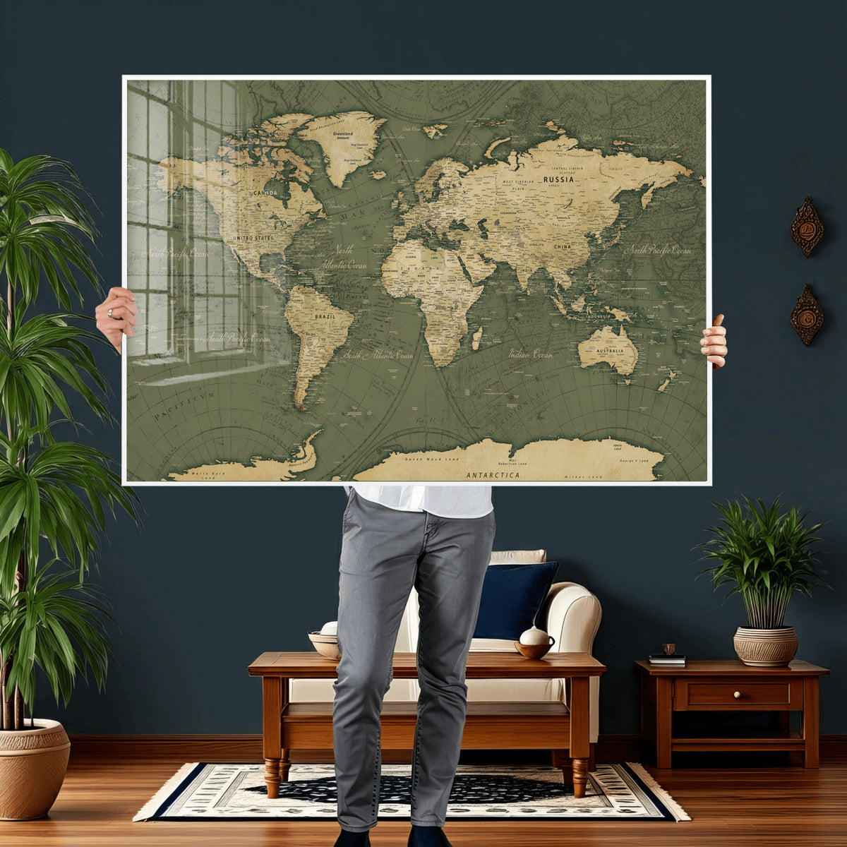 Large World Map Canvas Wall Art Print for Study Room Decor -