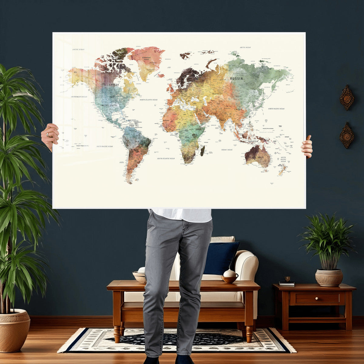 Framed World Map Wall Art Canvas Print for Living Room and