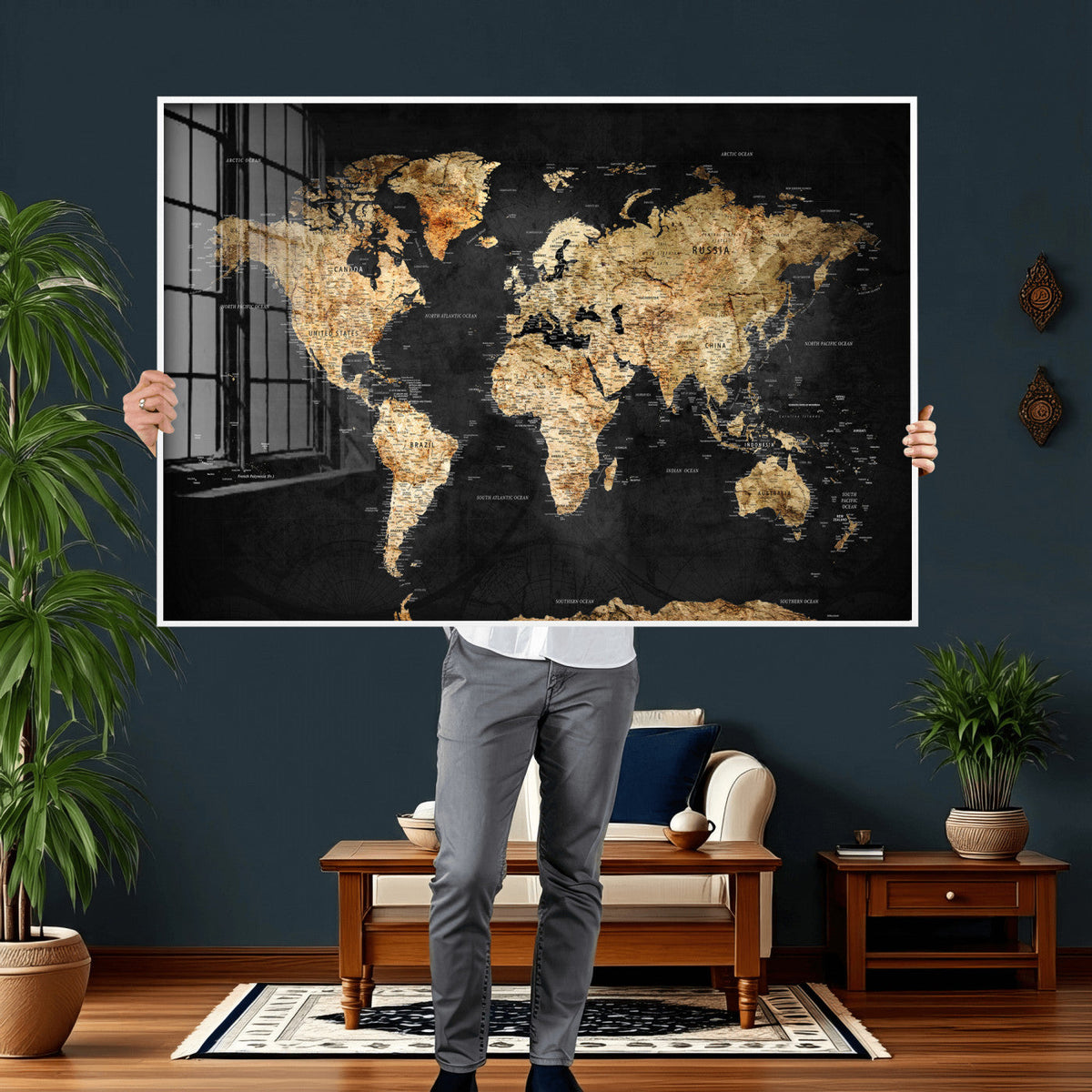 World Map Canvas Wall Art with Famous Landmarks – Framed