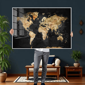 World Map Canvas Wall Art with Famous Landmarks – Framed