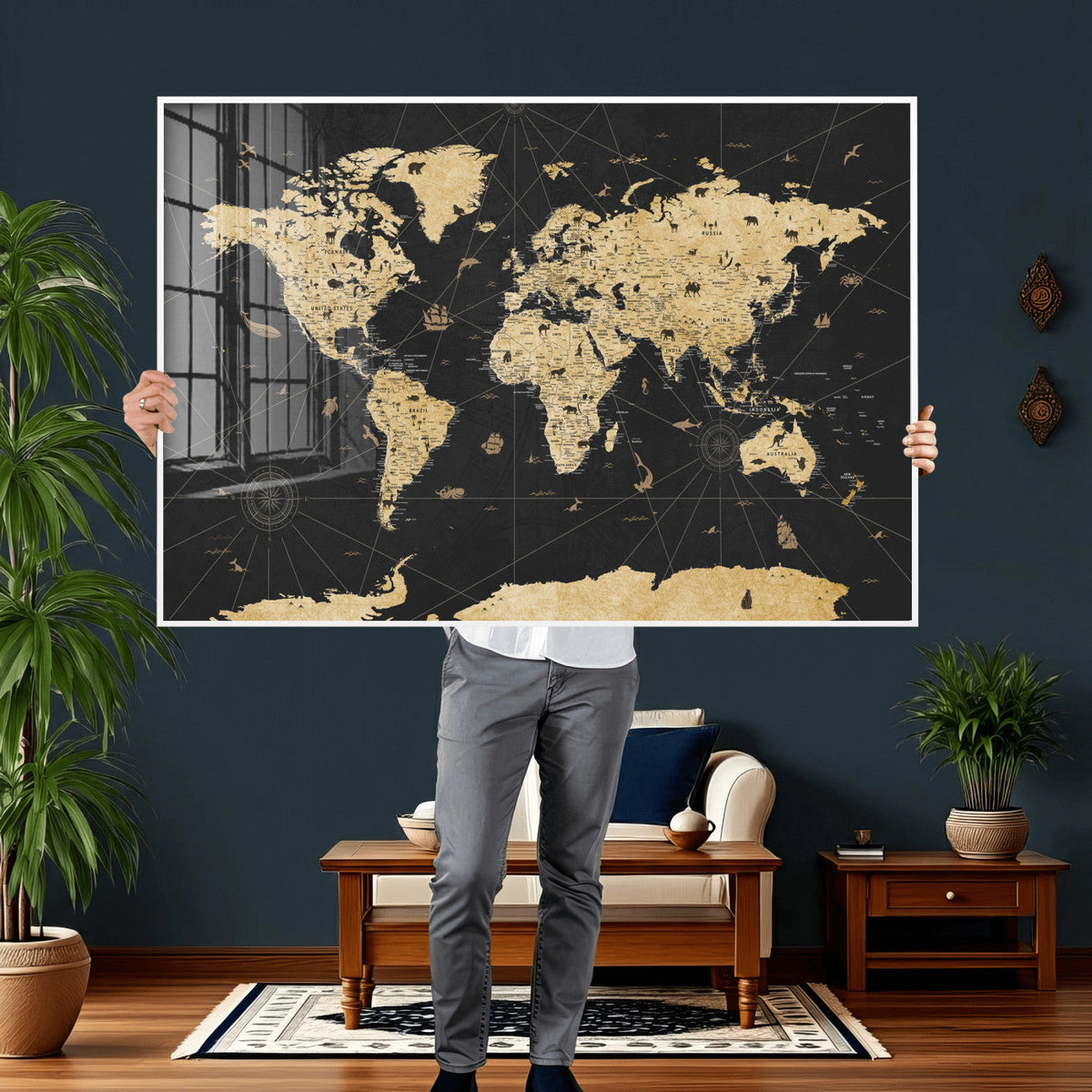 Vintage Blue and Brown World Map Canvas Wall Art – Framed