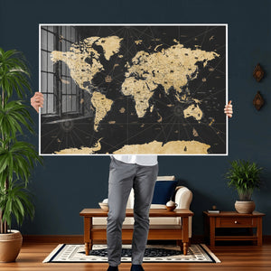 Vintage Blue and Brown World Map Canvas Wall Art – Framed