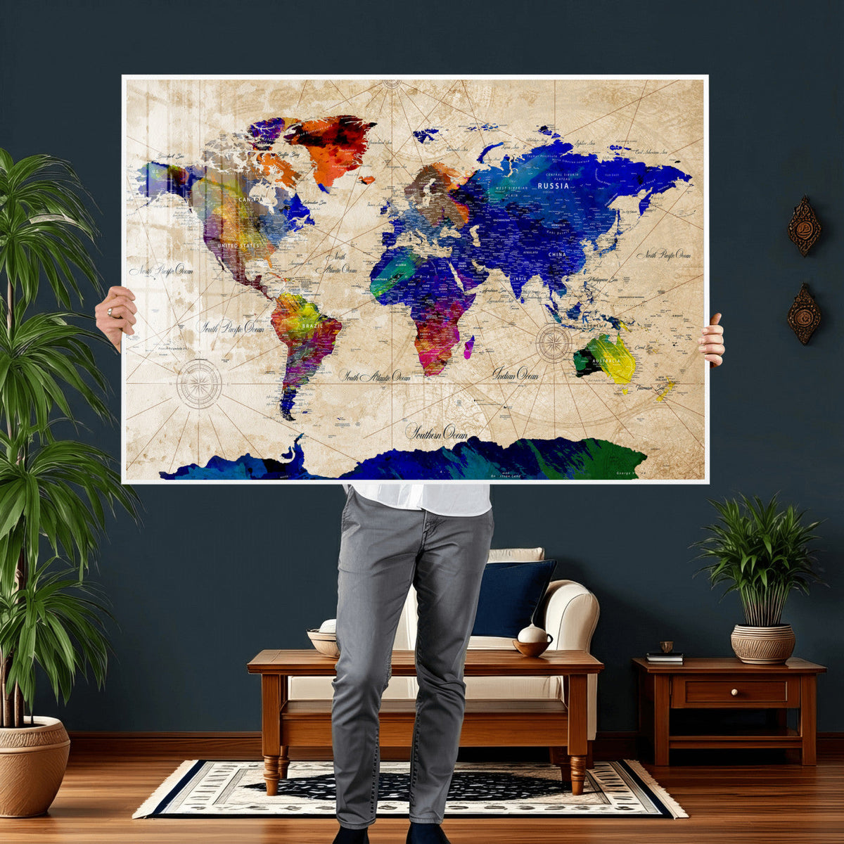Watercolor World Map Canvas Print – Framed Wall Art for