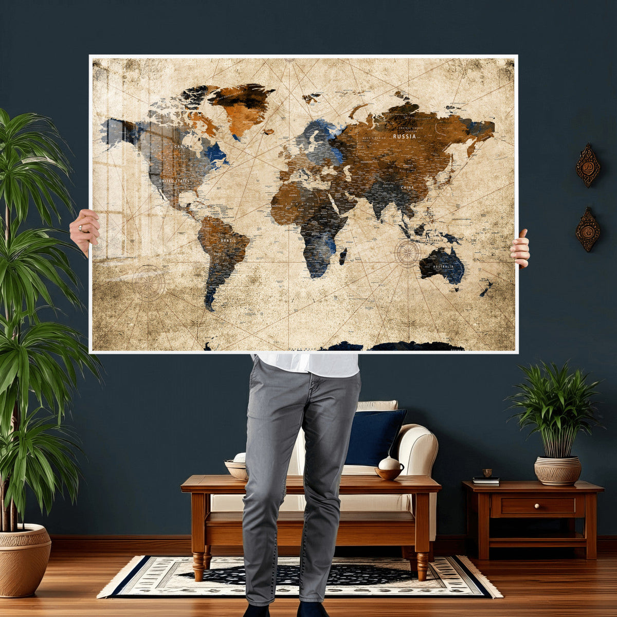 World Map Wall Art Canvas Print, Modern Decorative Framed
