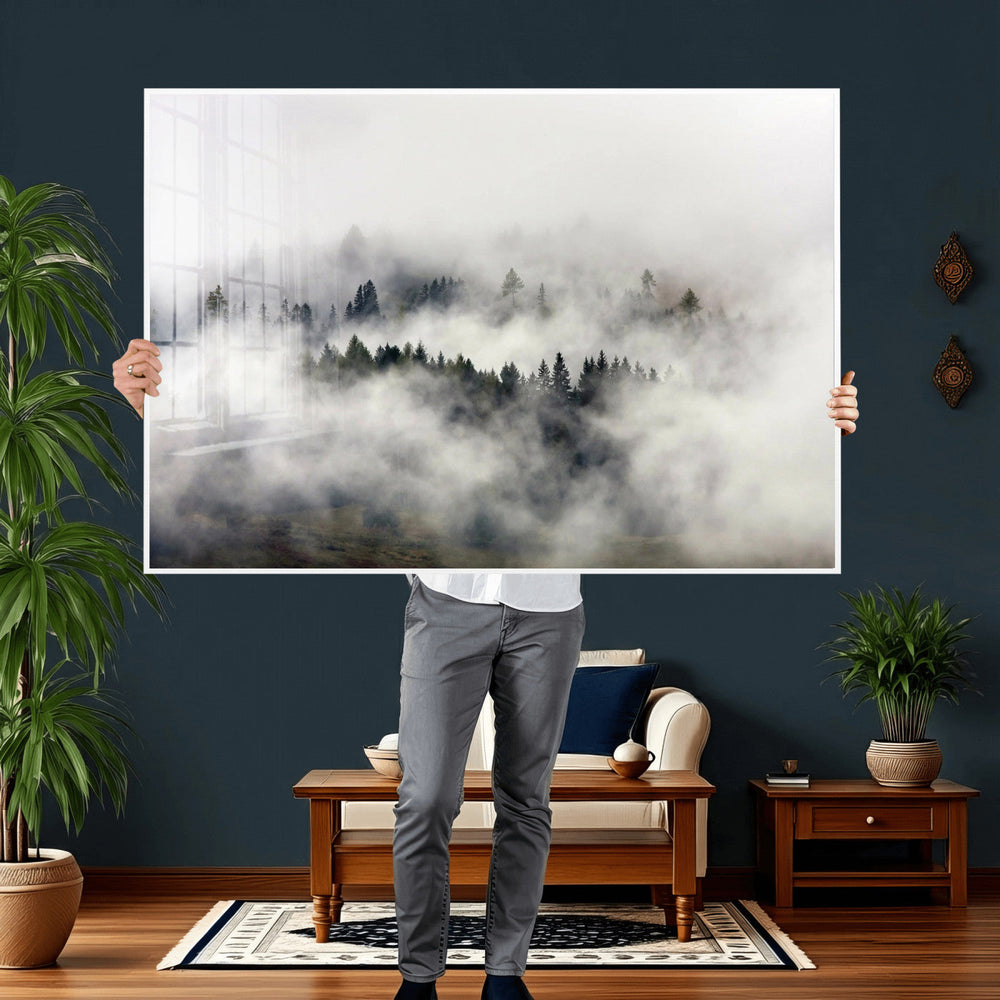 Foggy Forest Wall Art Canvas Print, Misty Pine Tree