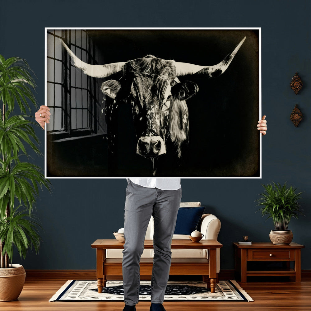 Black Bull Wall Art Canvas Print, Texas Longhorn Portrait