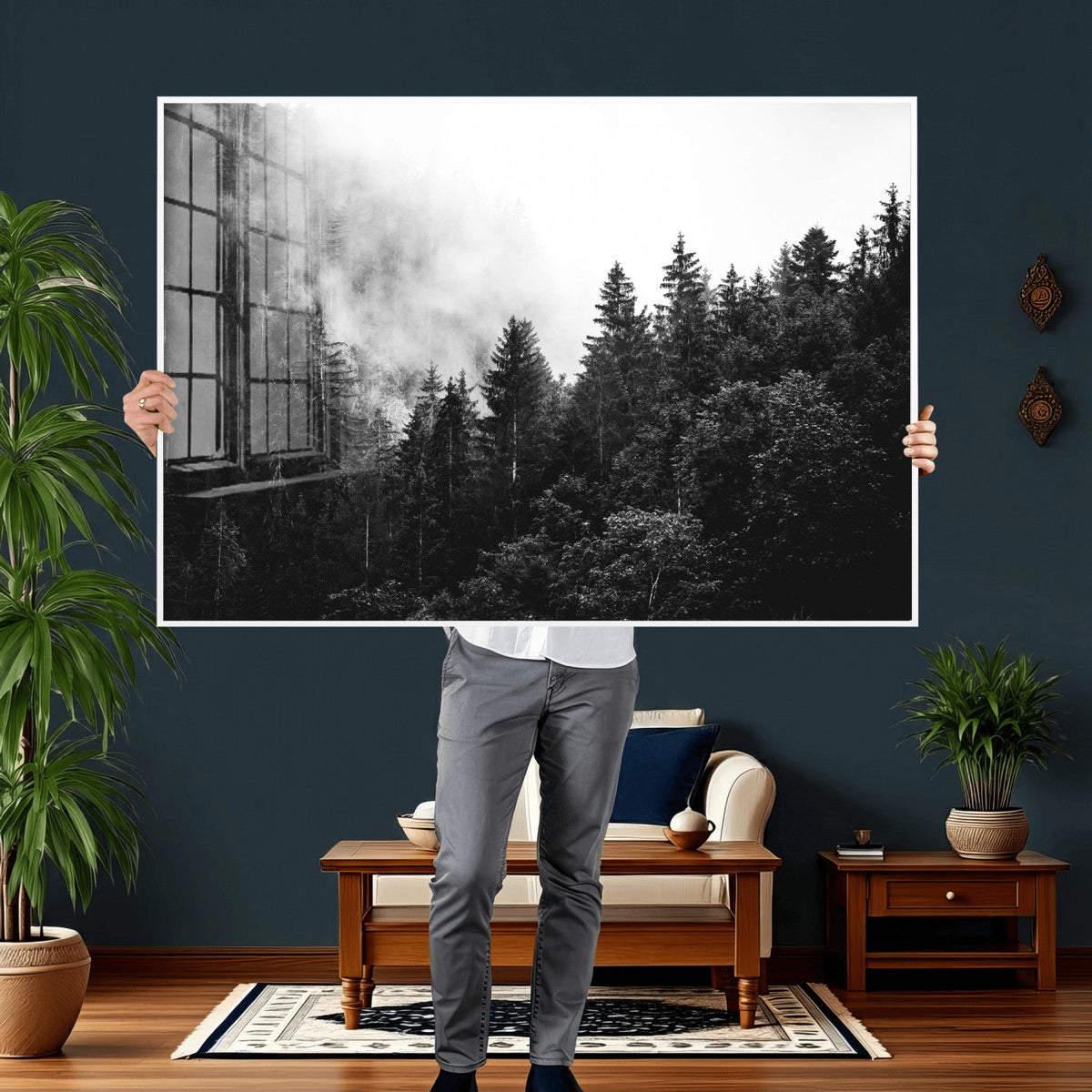 Black White Forest Wall Art Canvas Print, Misty Pine Tree