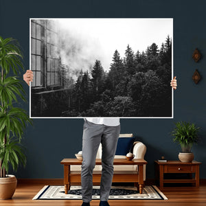Black White Forest Wall Art Canvas Print, Misty Pine Tree