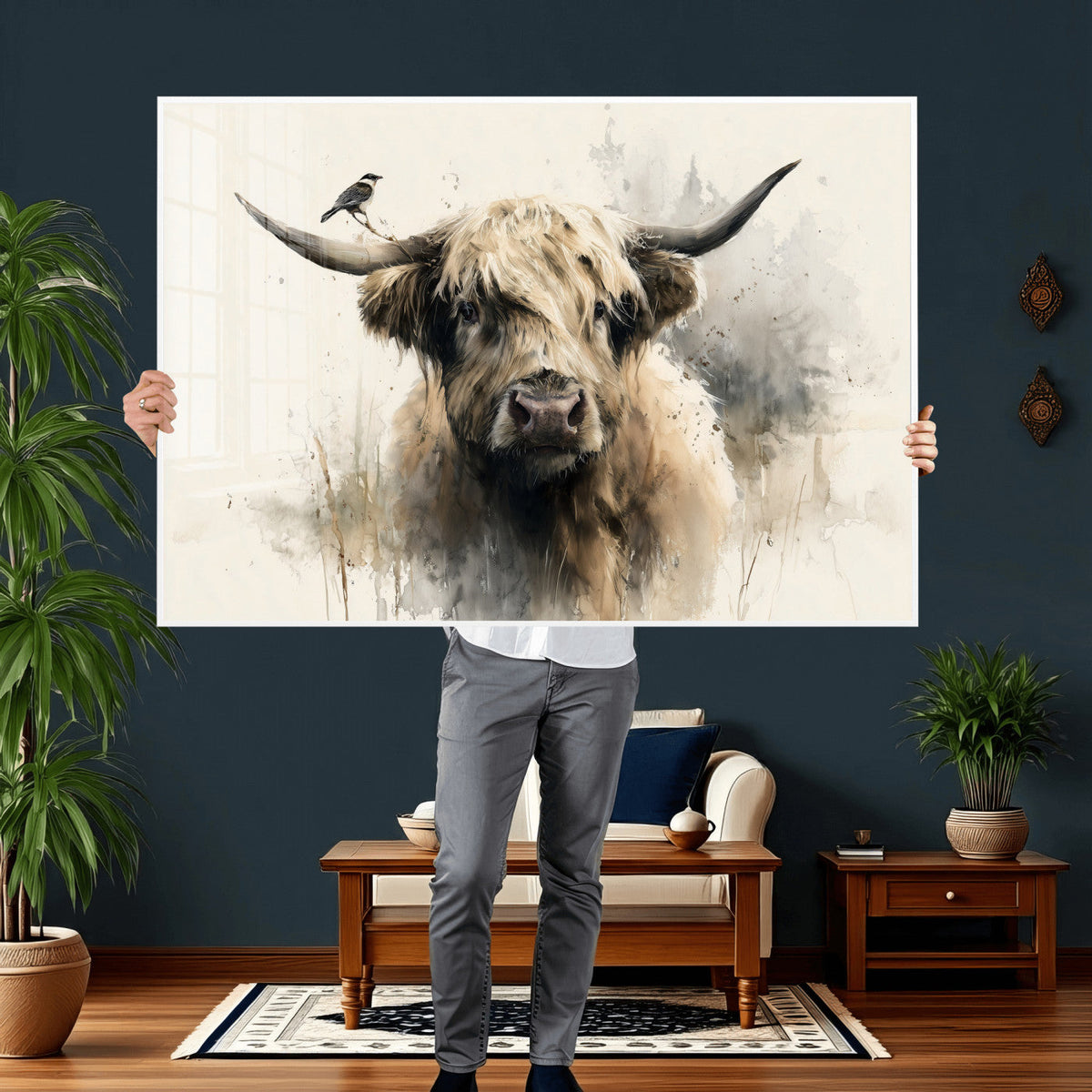 Abstract Highland Cow Wall Art Canvas Print, Rustic Farm