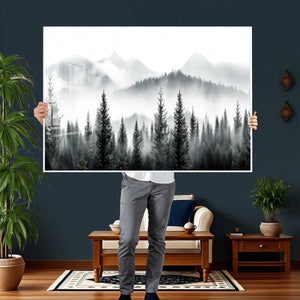 Misty Pine Forest Mountain Landscape Wall Art Canvas Print