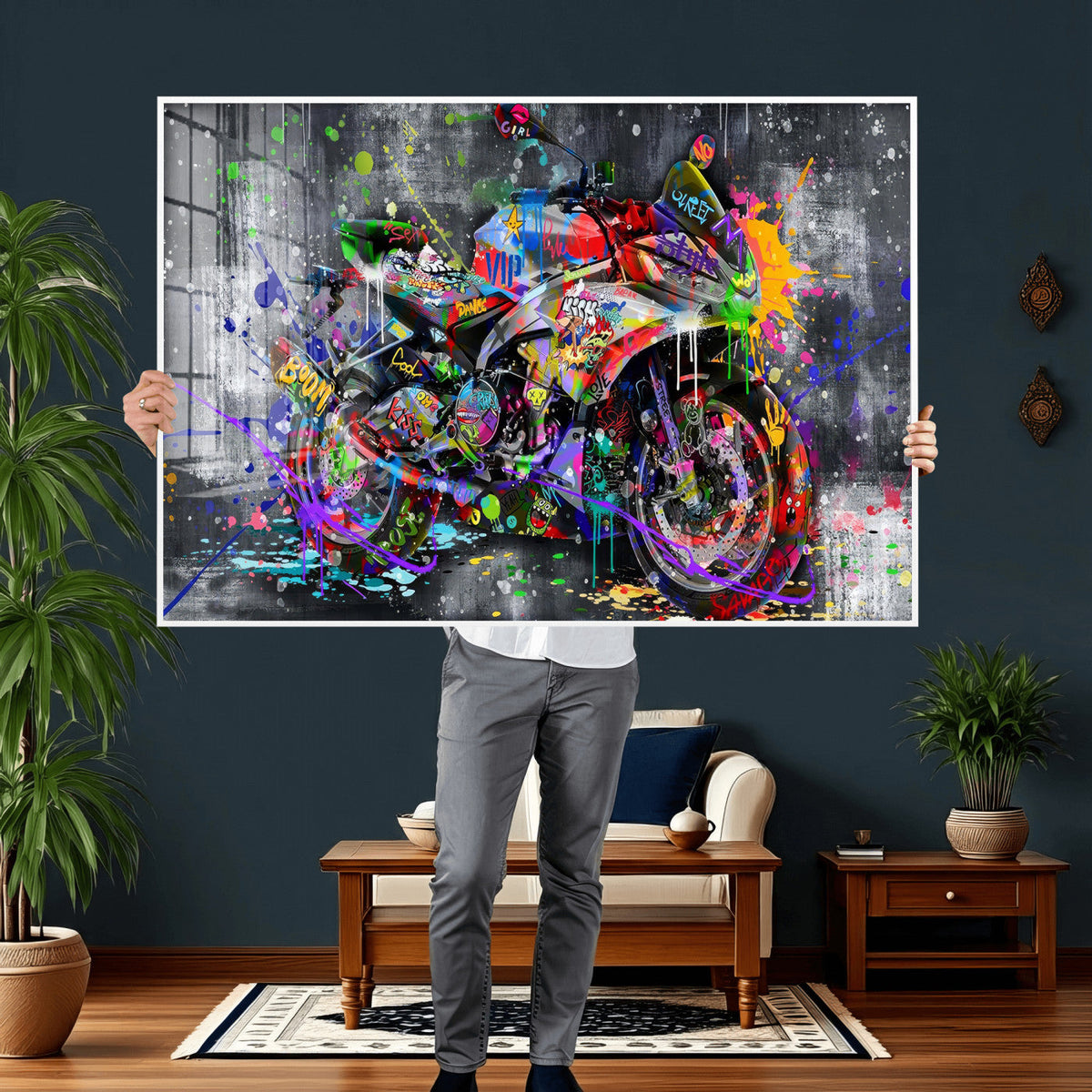 Graffiti Motorcycle Wall Art Canvas Print, Urban Street Art